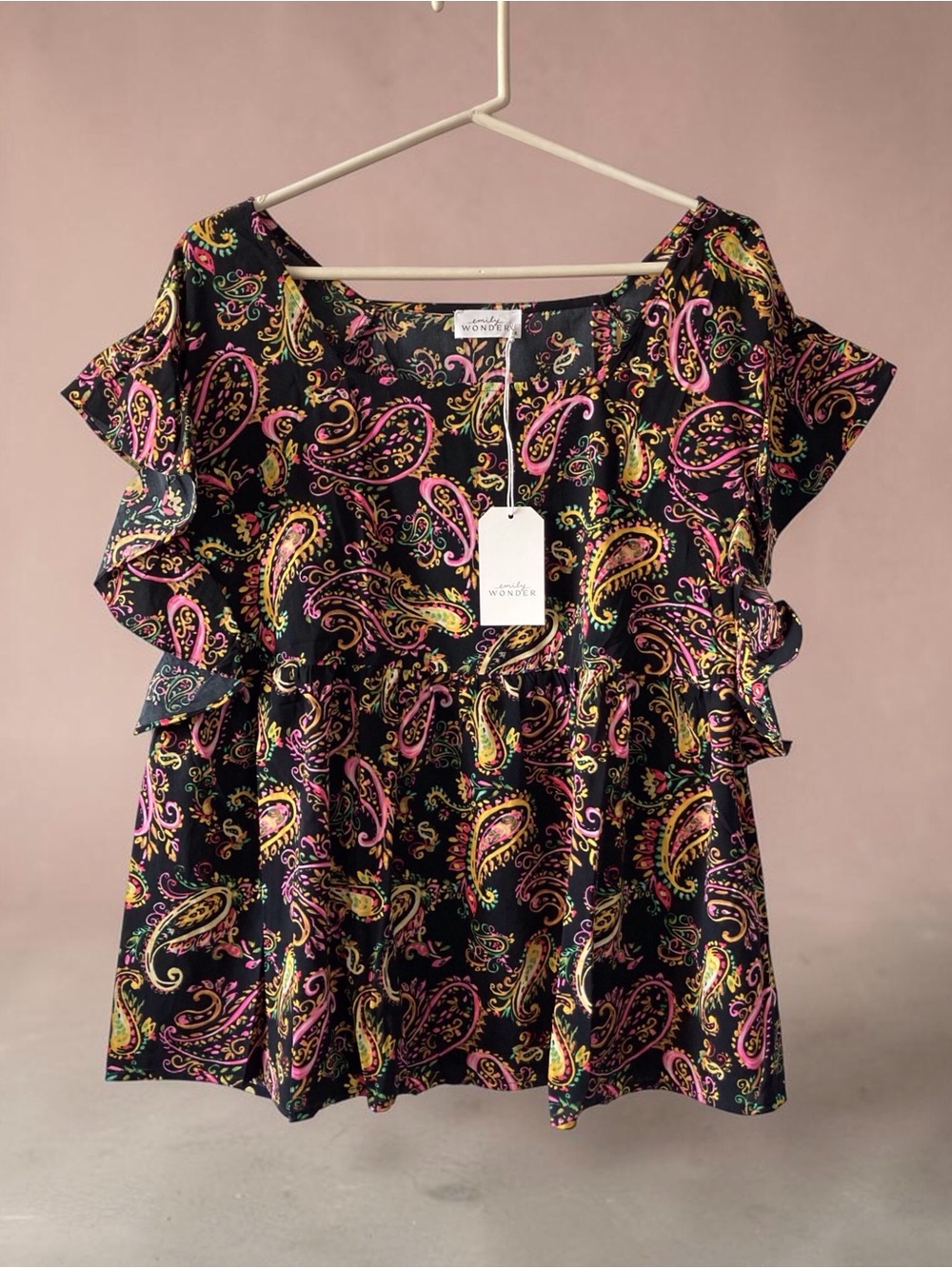 Emily Wonder Black Paisley Ruffle Babydoll Blouse Plus 1X NWT